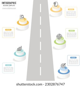 Circular isometric roadmap infographic template or element with 5 step, process, option, colorful 3D circle, bar, stage, road, label, icons, rectangle, street, ladder for sale slide, flowchart planner