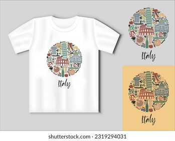 Símbolos italianos circulares. Coliseo, Gondola, Torre inclinada y cocina tradicional. Concepto de viaje con mofa de camisetas