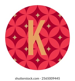 Circular K-letter design with a red floral-inspired background, blending traditional motifs with a contemporary twist. Great for modern artistic concepts.