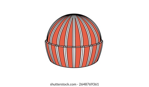 Chapéu de gorro de malha circular com listras verticais em laranja e branco com uma borda nervurada