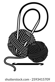 Circular knitting needles, crochet hook and balls of yarn. - vector silhouette image for logo, icon or stencil. Tools and materials for handicrafts.