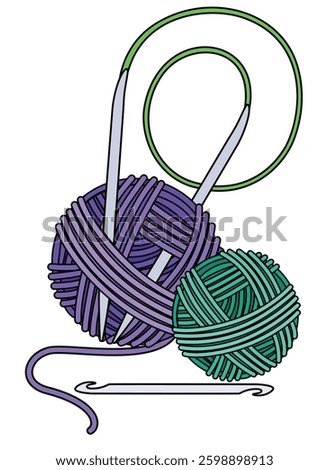Circular knitting needles, crochet hook and balls of yarn - vector full-color image. Tools and materials for handicrafts.