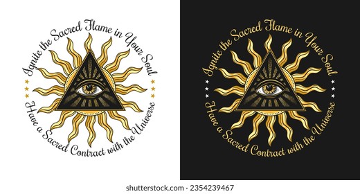 Circular label with all seeing eye, sun, text. Concept of intuition, expansion of consciousness, secret knowledge Colorful illustration in mystical style For clothing, apparel, T-shirts design