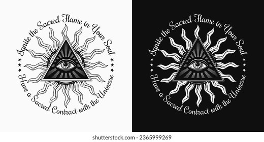 Circular label with all seeing eye, sun, text. Concept of intuition, expansion of consciousness, secret knowledge Black and white illustration in mystical style For clothing, apparel, T-shirts design