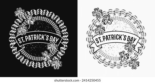 Circular label with bead strings, party streamer, clover, lucky shamrock leaves, ribbon with text. Vintage illustration for St Patrick. For prints, clothing, t shirt, holiday goods, stuff design.