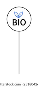 Circular label with a blue leaf icon above the word BIO, mounted on a thin vertical stand. Ideal for organic, eco-friendly, nature-related, health-conscious, and sustainable product labeling.