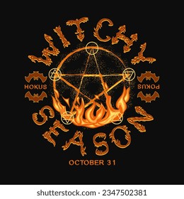 Circular label with burning pentagram sign, signs of the elements, text Witchy season. Magic illustration, symbol of witchcraft, sorcery. Vintage style.