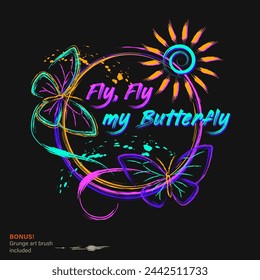 Circular label with butterfly, sun, paint brush strokes, splattered paint. Glowing fluorescent neon bright colors, text. Virtual surreal nature. Outline, contour illustrations.