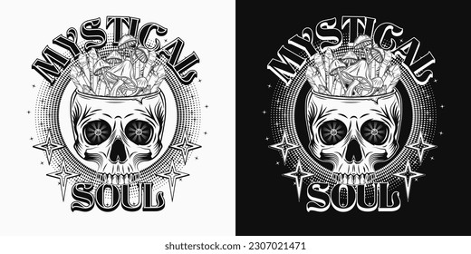 Circular label with human skull like cup, mushrooms, stars, crystals of gemstones, text. Concept of sacred spirit, magic, extended mind. Magic, mystical surreal illustration Retro style