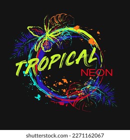 Circular label with orchids, tropical foliage, paint brush strokes, spattered paint of neon bright colors. Virtual surreal nature Grunge style for sports goods, prints, clothing, t shirt design