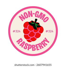 Circular label with red raspberry icon and text Non-GMO Raspberry 324, flat cartoon style on white background, concept of organic fruit labeling. Vector illustration