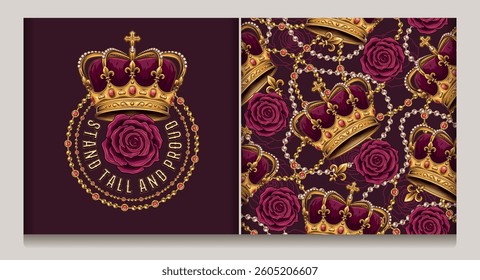 Circular label, seamless pattern with golden imperial crown, scattered jewelry, pearl necklaces, red roses. Luxury kitsch vintage style.