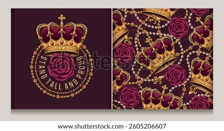 Circular label, seamless pattern with golden imperial crown, scattered jewelry, pearl necklaces, red roses. Luxury kitsch vintage style.