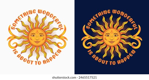 Circular label with smiling sun with face, inspirational text. Mythological fairytale character. For clothing, apparel, T-shirts, surface decoration, kids design