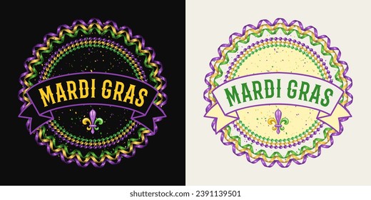 Etiqueta circular con hilos de perlas, estirador de partido, señal de fleur de lis, cinta con texto. Ilustración vintage del carnaval de Mardi Gras. Para impresiones, ropa, camisetas, artículos de vacaciones, diseño de cosas.