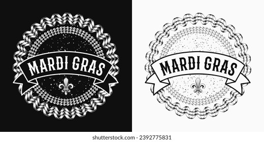 Circular label with strings of beads, party streamer, fleur de lis sign, ribbon with text. Vintage illustration for Mardi Gras carnival. For prints, clothing, t shirt, holiday goods, stuff design.