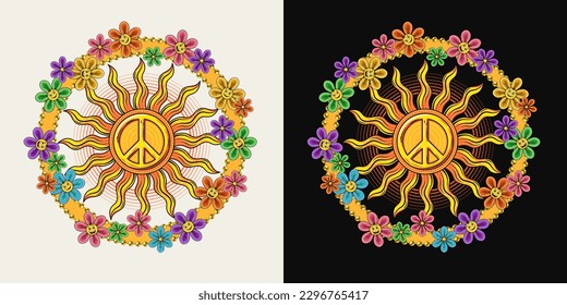 Circular label with sun, peace symbol, chamomile with face. Happy daisy with eyes and smile, cartoon emoji characters. Groovy, hippie retro style. For clothing, apparel, T-shirts, surface decoration