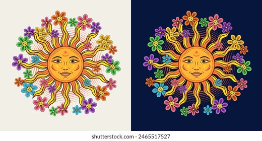 Circular label with sun with smiling face. Scattered around little chamomile flowers. Happy daisy like cartoon emoji character. Groovy hippie retro boho style for T-shirts, kids design