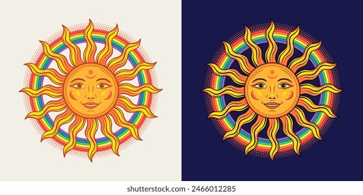 Etiqueta circular con sol con cara sonriente, arco iris. Concepto de armonía, buen rollo, sentimiento. Genial, estilo hippie. Para ropa, ropa, camisetas, diseño de niños