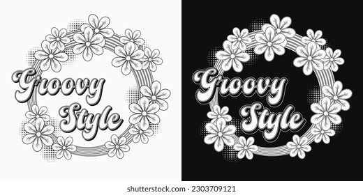 Circular label with text, fantasy chamomile flowers. For clothing, apparel, T-shirts, surface decoration. Groovy, hippie style. 60s, 70s style retro background.