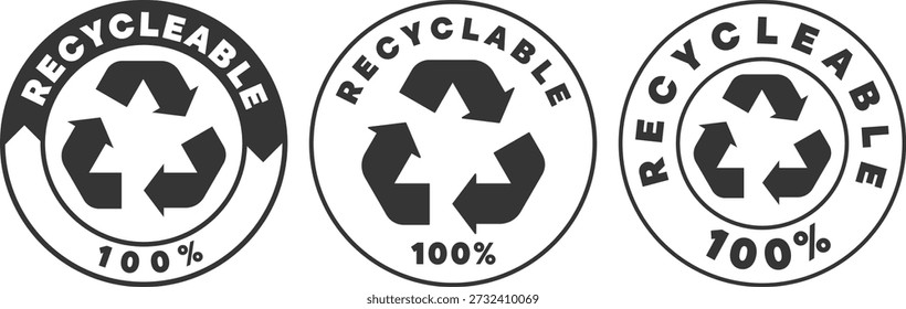 Rótulos circulares com símbolo reciclável e percentagem de reciclagem num formato simples