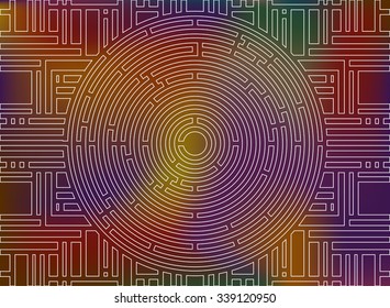 Circular labyrinth background, colorful rainbow, high-tech