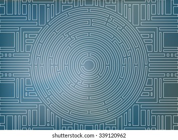 Circular labyrinth background, white and blue, high-tech