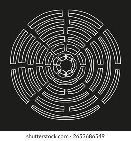 Kreisförmiges Labyrinthsymbol. Abstraktes Labyrinth-Muster. Weiße Linie Kunst. Vektor Puzzle-Symbol. EPS 10.