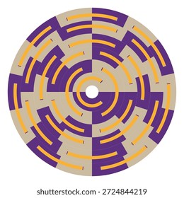 Icono de laberinto circular. Vector de oro púrpura. Extraordinario patrón de laberinto. Textura redonda simétrica. EPS 10.