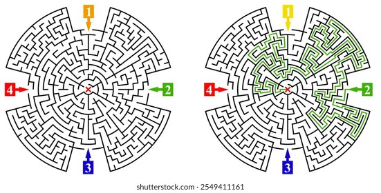 Circular labyrinth with many entrances. Find the right way and reach the center of the maze. Mental educational game template with clue. Vector illustration.
