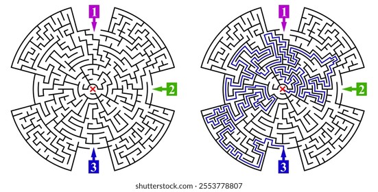Circular labyrinth with many entrances. Find the right way and reach the center of the maze. Mental educational game template with clue. Vector illustration.
