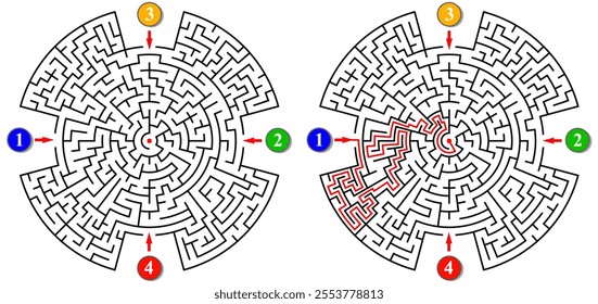 Circular labyrinth with many entrances. Find the right way and reach the center of the maze. Mental educational game template with clue. Vector illustration.
