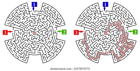 Circular labyrinth with many entrances. Find the right way and reach the center of the maze. Mental educational game template with clue. Vector illustration.
