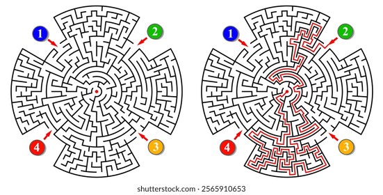 Circular labyrinth with many entrances. Find the right way and reach the center of the maze. Mental educational game template with clue. Vector illustration.
