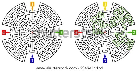 Circular labyrinth with many entrances. Find the right way and reach the center of the maze. Mental educational game template with clue. Vector illustration.
