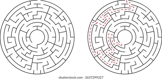 Circular labyrinth maze illustrating challenge solution strategy and problem solving concepts