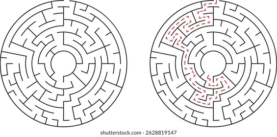 Circular labyrinth with path indicated showing solution of the complicated maze puzzle