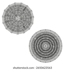 Circular labyrinth patterns. Intricate maze forms. Geometric radial lines. Vector abstract design.
