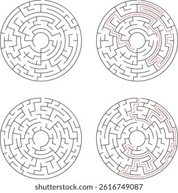 Circular Labyrinth Puzzle Challenge With Solution And Unsolved Versions Black And White