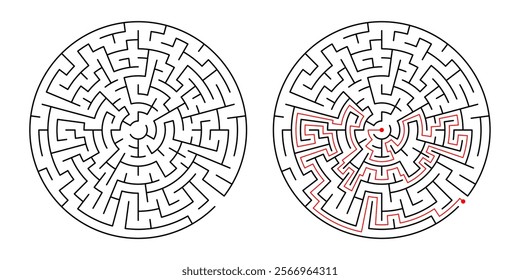 Circular labyrinth puzzle with highlighted solution. Easy maze challenge for logic and navigation skills. Isolated vector maze illustration.