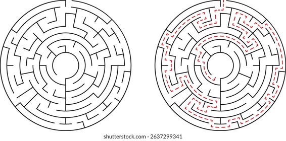 Circular labyrinth puzzle with solution highlighted in red lines for problem solving concepts - Powered by Shutterstock - Get 15% off with code: PIKWIZARD15