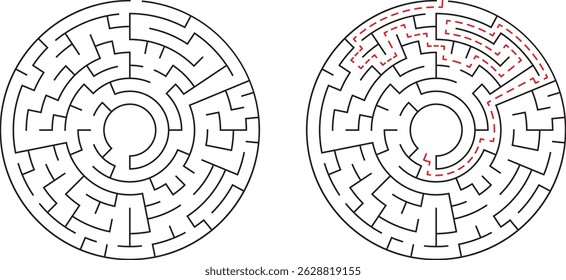 Circular labyrinth puzzle with solution marked in red for problem solving and guidance