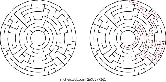 Circular labyrinth puzzle with solution path illustrating problem solving and decision making