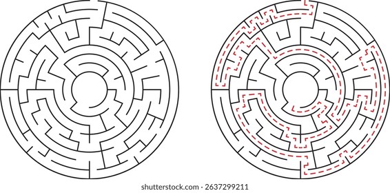 Circular labyrinth puzzle vector showing the path solution and maze complexity - Powered by Shutterstock - Get 15% off with code: PIKWIZARD15