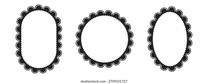 Marco de encaje circular con intrincados patrones de vieira y bordes ondulados, ideal para diseños de bordado vintage, círculos decorativos y elegantes composiciones ornamentales.