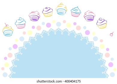 Circular lace surrounded by several sweet cupcakes