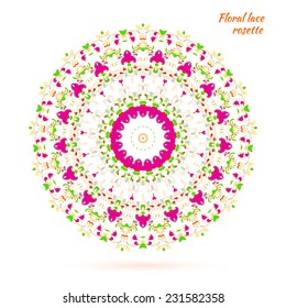 Circular lacy pattern of multicolor flowers. Russian folk style. vector illustration