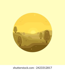 Un icono de paisaje circular de una vista desde una colina al amanecer. Un paisaje moderno y plano ilustra la naturaleza.