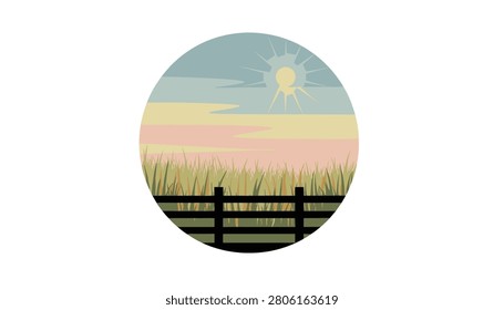 Circular landscape illustration depicting sunset over a grassy field behind a black wooden fence in flat style.