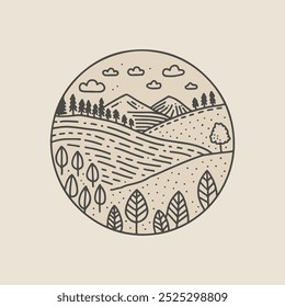 Circular landscape with rolling hills, trees, and mountains in minimalist line art style.